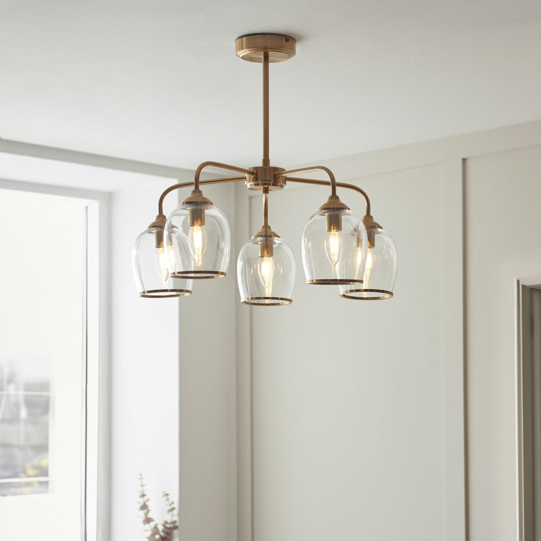 Endon 120618 Ashcroft 5 Light Pendant Brushed Aged Brass Plate & Clear Glass