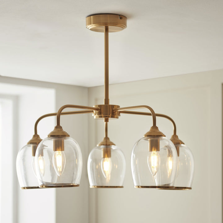 Endon 120618 Ashcroft 5 Light Pendant Brushed Aged Brass Plate & Clear Glass