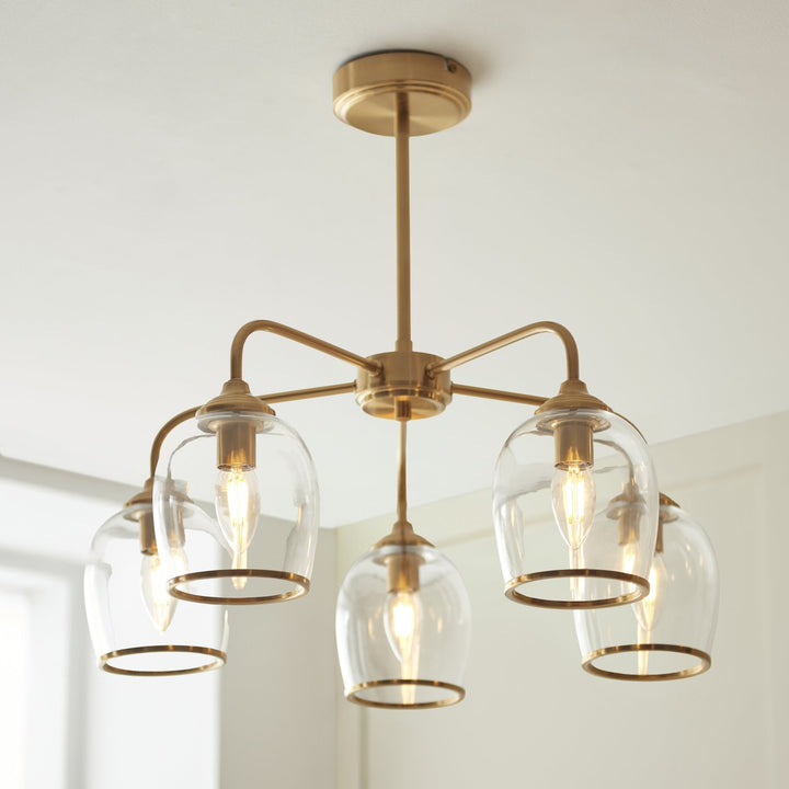 Endon 120618 Ashcroft 5 Light Pendant Brushed Aged Brass Plate & Clear Glass