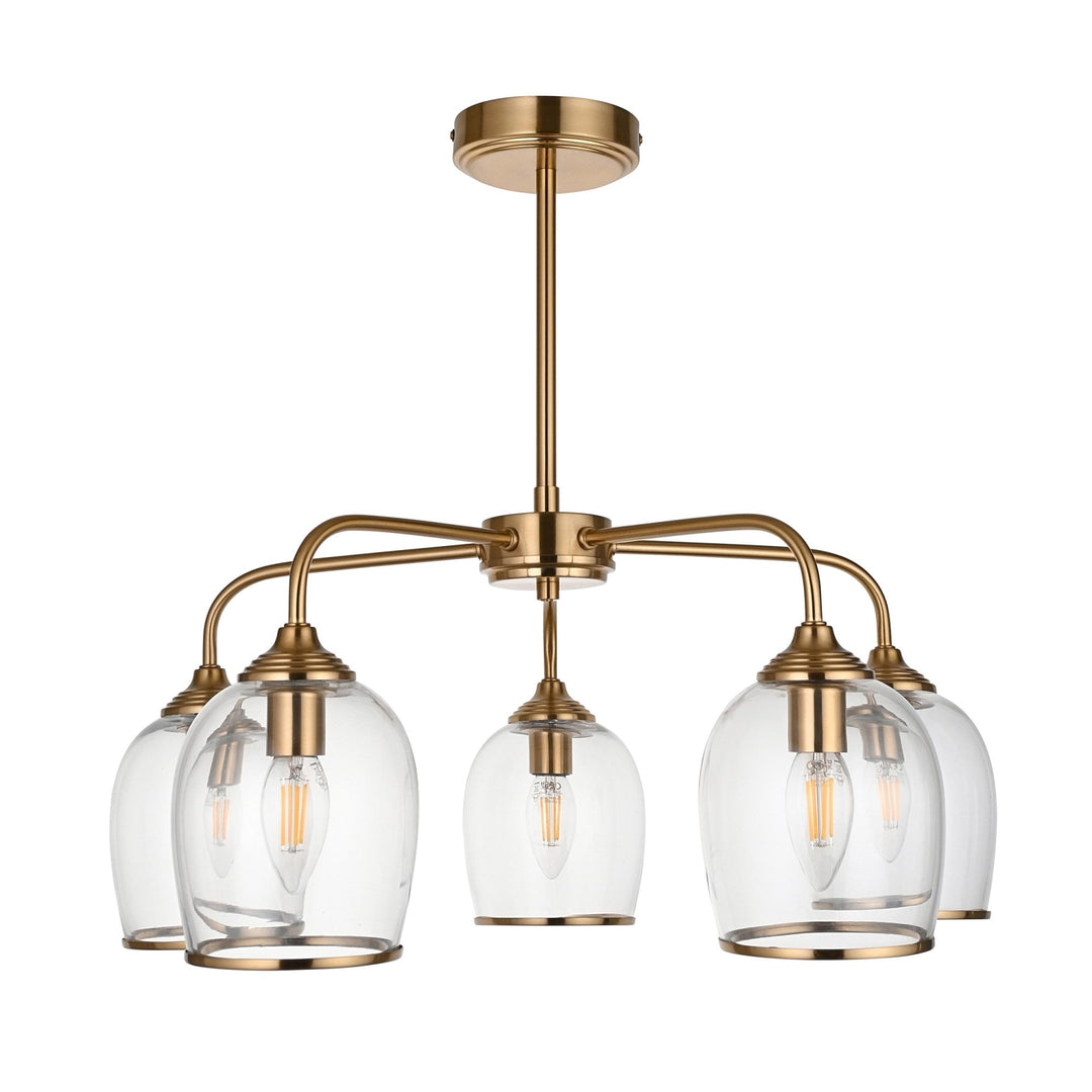 Endon 120618 Ashcroft 5 Light Pendant Brushed Aged Brass Plate & Clear Glass