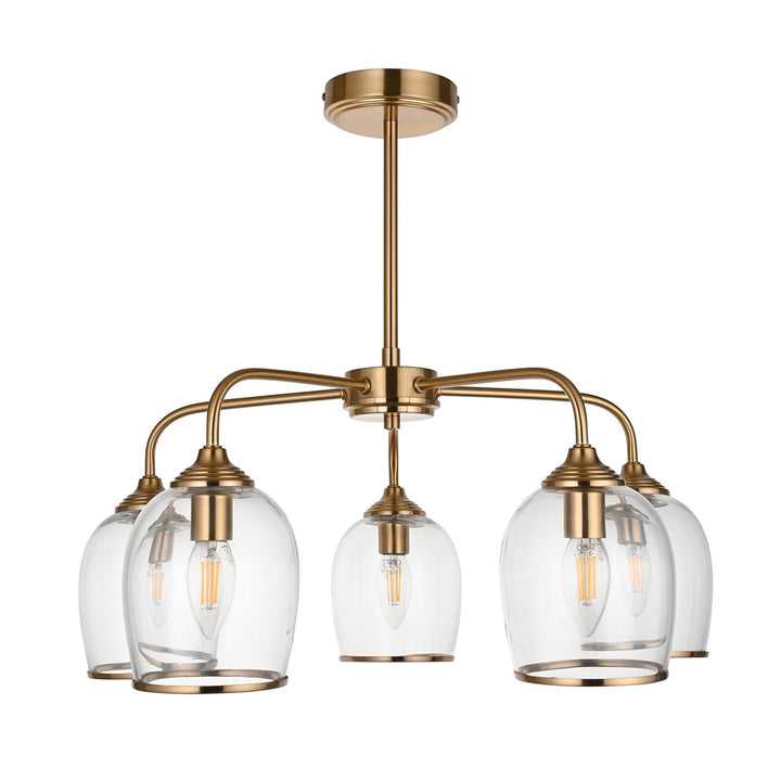 Endon 120618 Ashcroft 5 Light Pendant Brushed Aged Brass Plate & Clear Glass