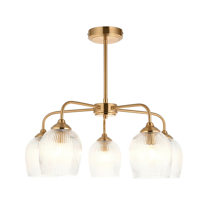 Endon 120619 Ashcroft Ribbed 5 Light Pendant Brushed Aged Brass Plate & Clear Ribbed Glass