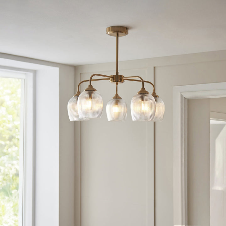 Endon 120619 Ashcroft Ribbed 5 Light Pendant Brushed Aged Brass Plate & Clear Ribbed Glass