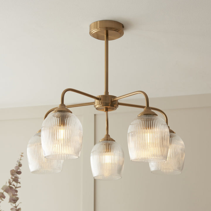 Endon 120619 Ashcroft Ribbed 5 Light Pendant Brushed Aged Brass Plate & Clear Ribbed Glass