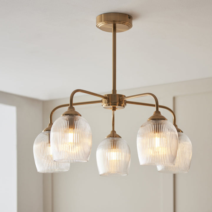 Endon 120619 Ashcroft Ribbed 5 Light Pendant Brushed Aged Brass Plate & Clear Ribbed Glass