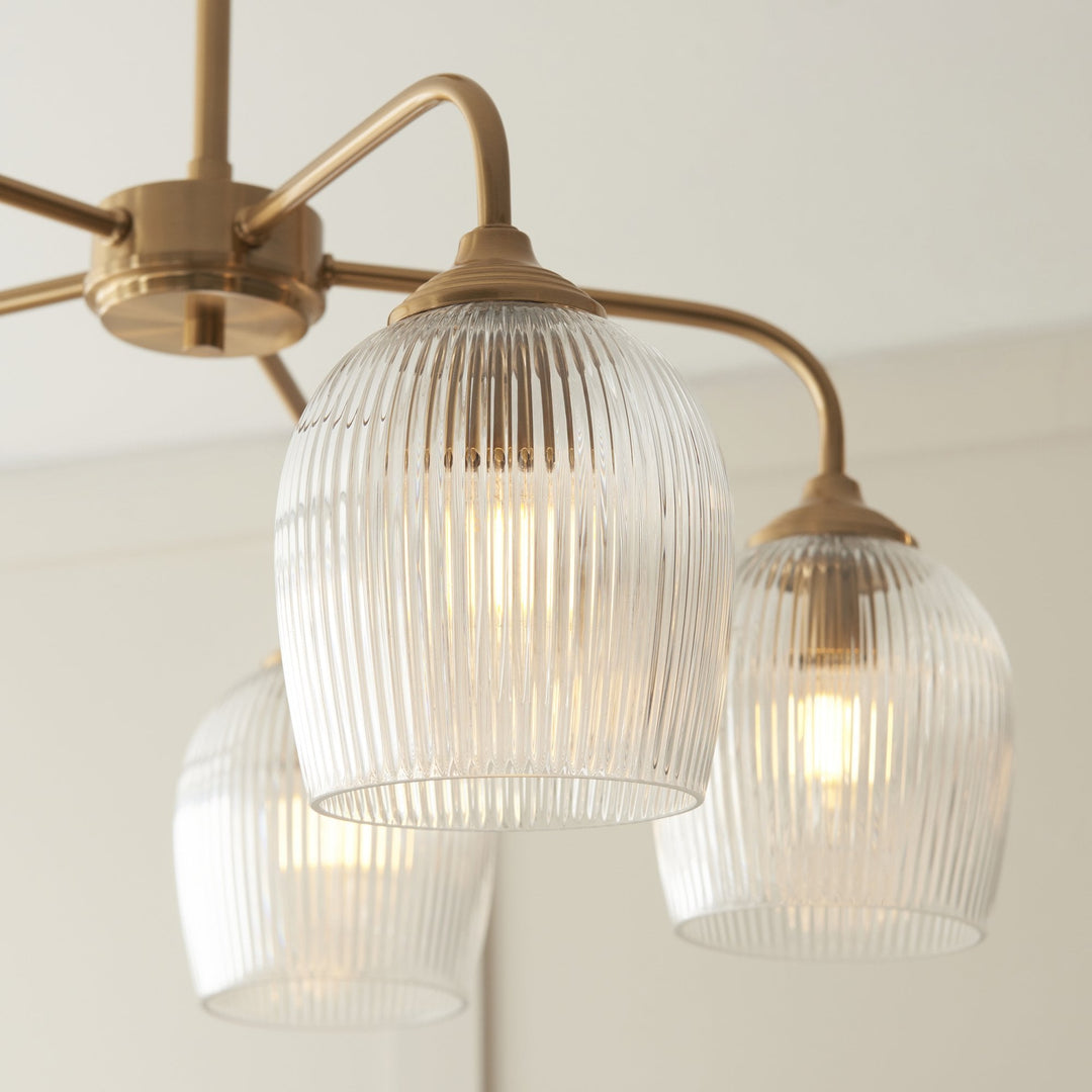 Endon 120619 Ashcroft Ribbed 5 Light Pendant Brushed Aged Brass Plate & Clear Ribbed Glass