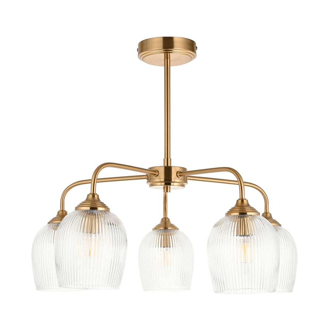 Endon 120619 Ashcroft Ribbed 5 Light Pendant Brushed Aged Brass Plate & Clear Ribbed Glass