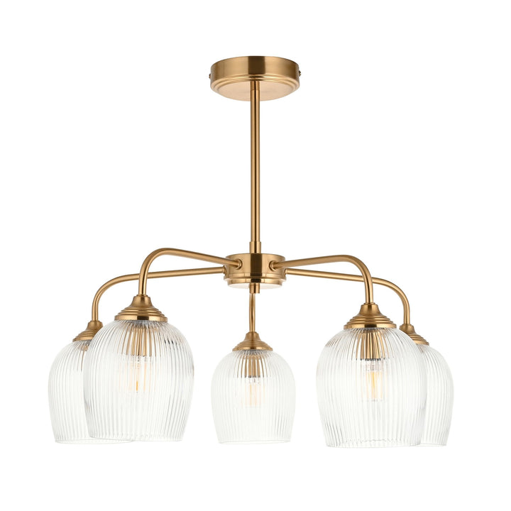 Endon 120619 Ashcroft Ribbed 5 Light Pendant Brushed Aged Brass Plate & Clear Ribbed Glass