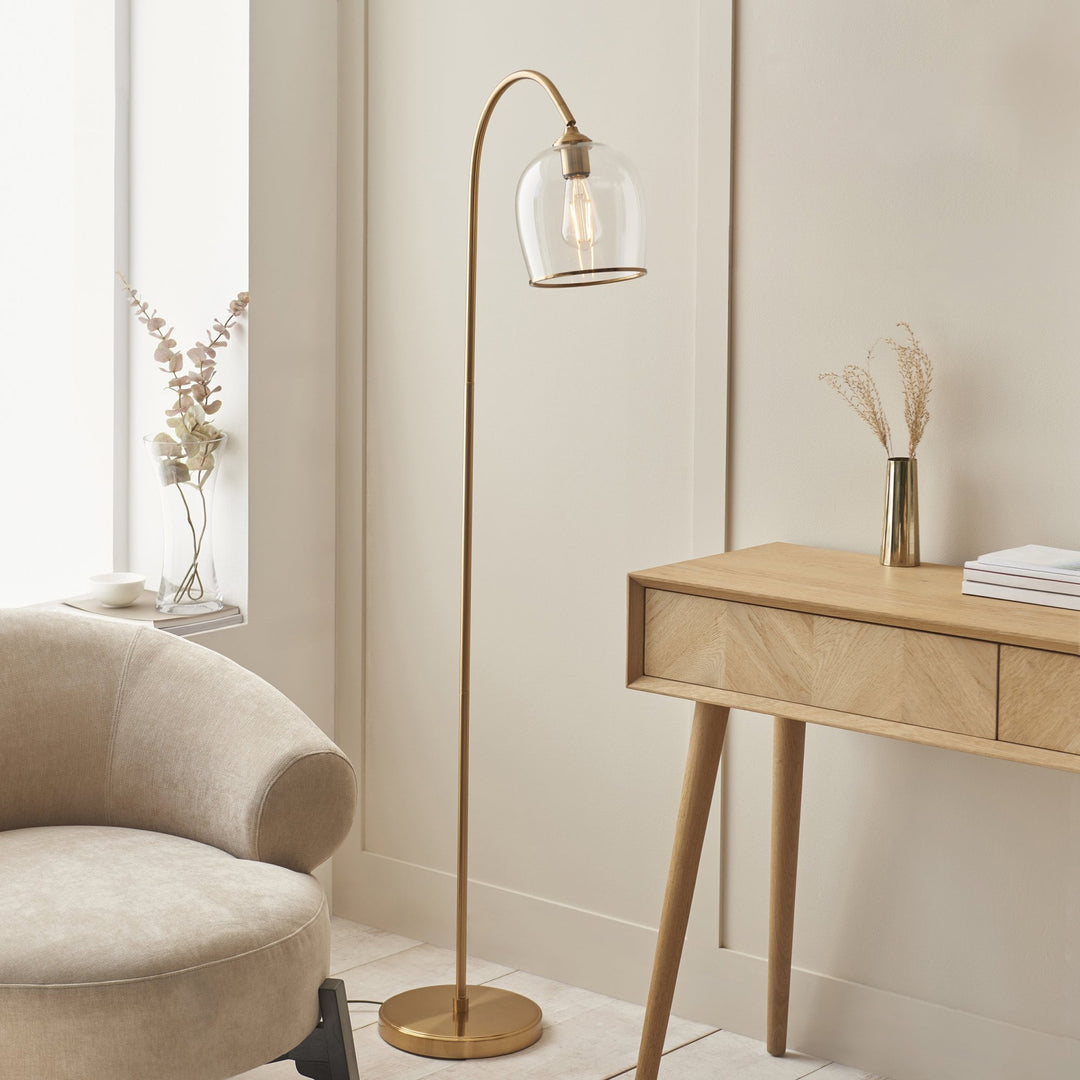 Endon 120620 Ashcroft Floor Lamp Brushed Aged Brass Plate & Clear Glass
