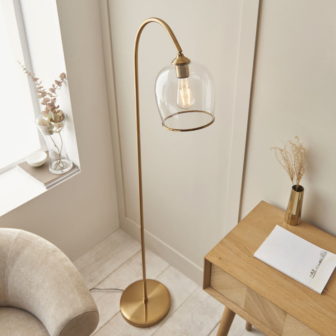 Endon 120620 Ashcroft Floor Lamp Brushed Aged Brass Plate & Clear Glass