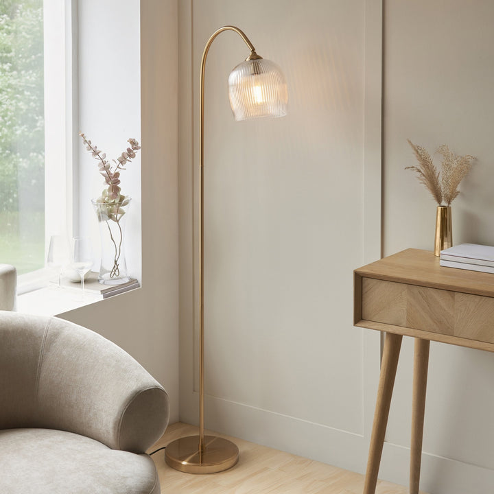 Endon 120621 Ashcroft Ribbed Floor Lamp Brushed Aged Brass Plate & Clear Ribbed Glass