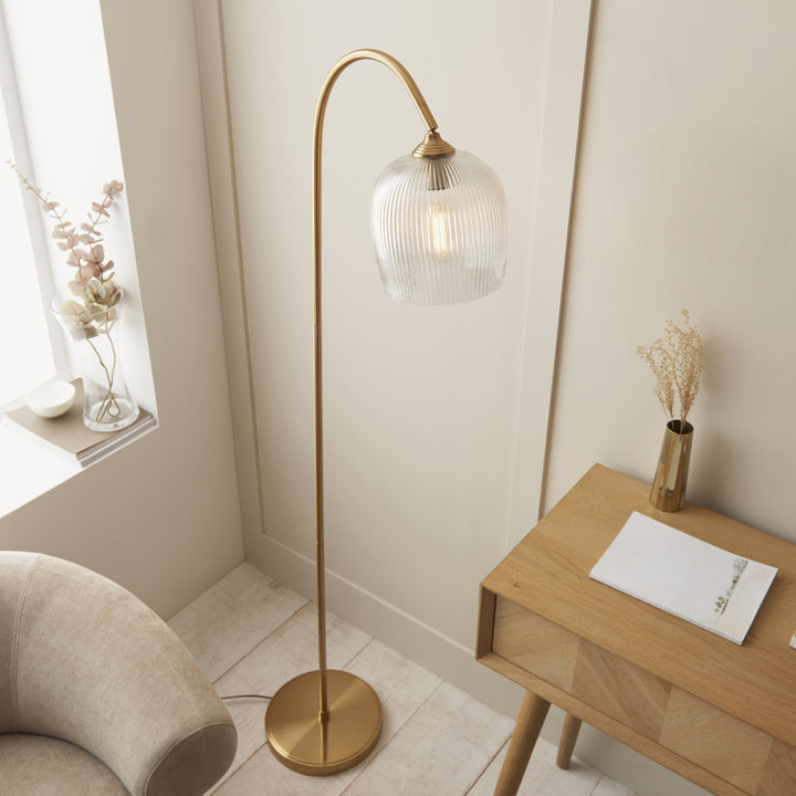 Endon 120621 Ashcroft Ribbed Floor Lamp Brushed Aged Brass Plate & Clear Ribbed Glass