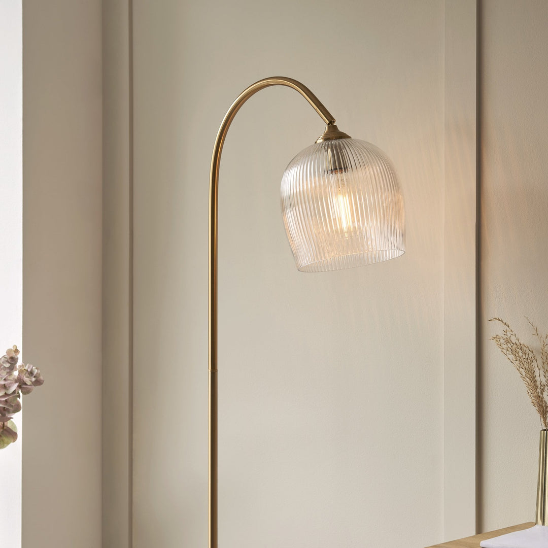 Endon 120621 Ashcroft Ribbed Floor Lamp Brushed Aged Brass Plate & Clear Ribbed Glass