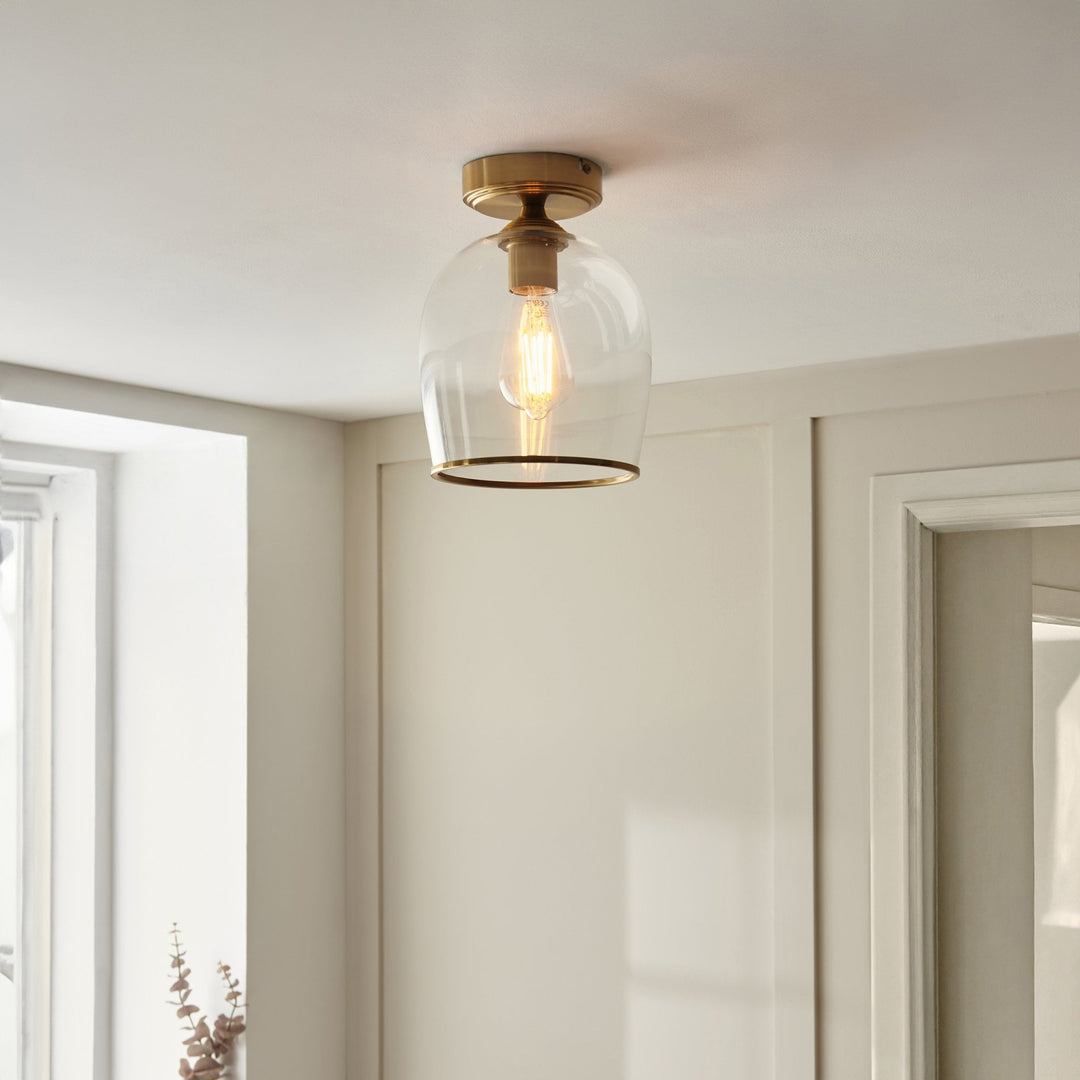 Endon 120622 Ashcroft Flush Ceiling Light Brushed Aged Brass Plate & Clear Glass