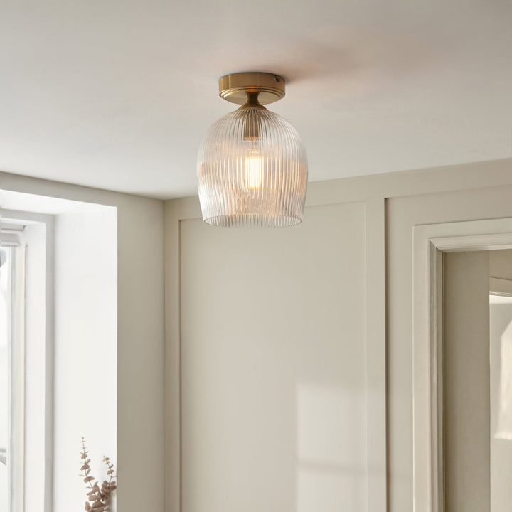 Endon 120623 Ashcroft Ribbed Flush Ceiling Light Brushed Aged Brass Plate & Clear Ribbed Glass