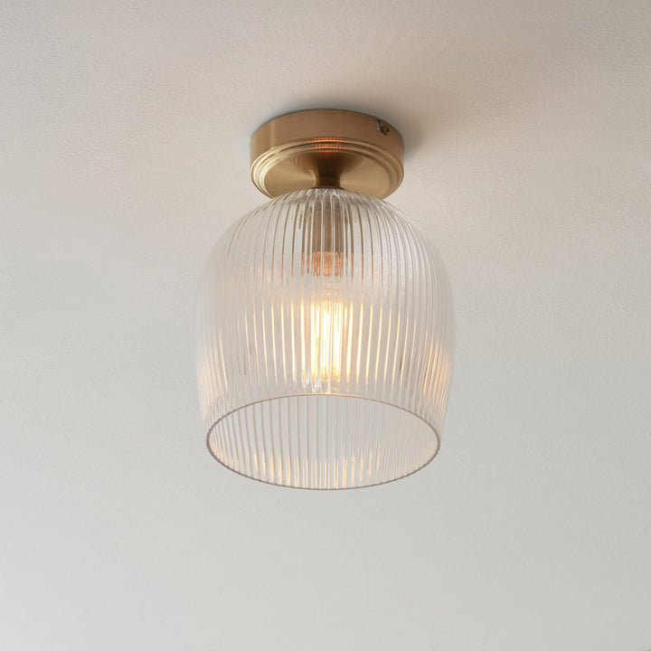 Endon 120623 Ashcroft Ribbed Flush Ceiling Light Brushed Aged Brass Plate & Clear Ribbed Glass
