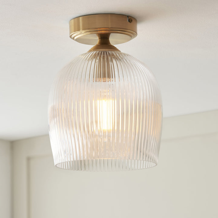 Endon 120623 Ashcroft Ribbed Flush Ceiling Light Brushed Aged Brass Plate & Clear Ribbed Glass