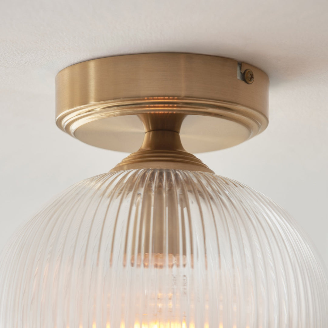 Endon 120623 Ashcroft Ribbed Flush Ceiling Light Brushed Aged Brass Plate & Clear Ribbed Glass