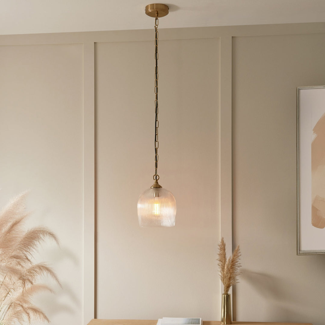 Endon 120625 Ashcroft Ribbed Pendant Brushed Aged Brass Plate & Clear Ribbed Glass