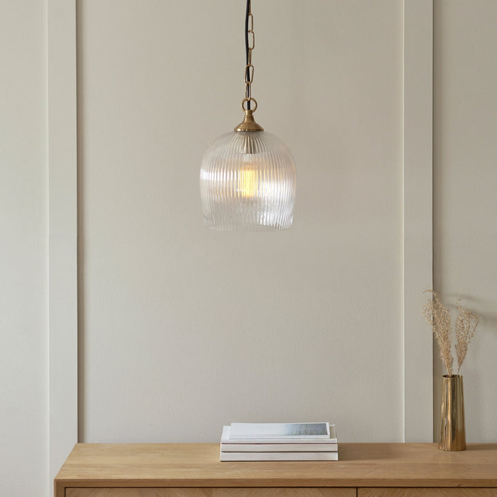 Endon 120625 Ashcroft Ribbed Pendant Brushed Aged Brass Plate & Clear Ribbed Glass