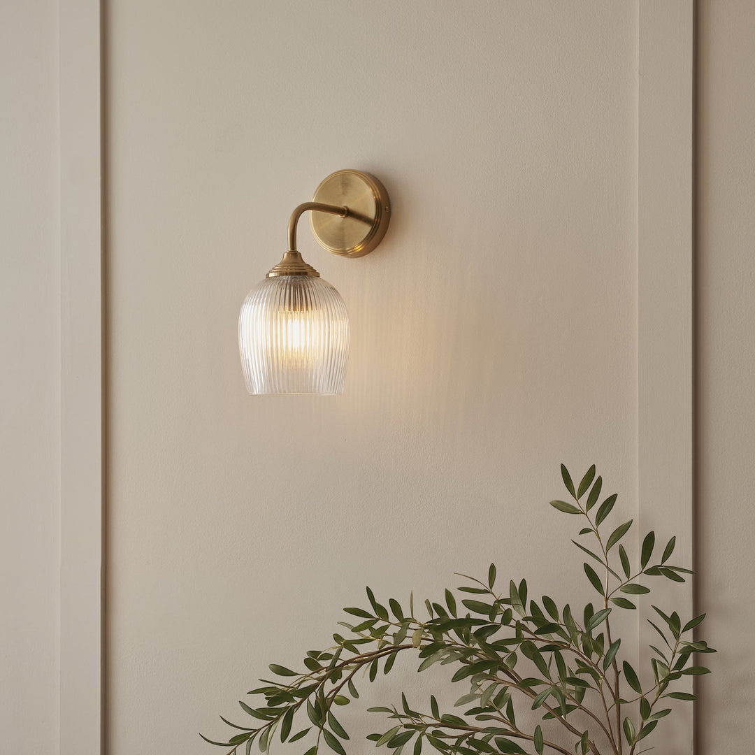 Endon 120627 Ashcroft Ribbed Wall Light Brushed Aged Brass Plate & Clear Ribbed Glass
