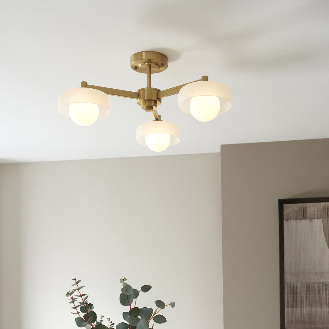 Endon 120631 Boss 3 Light Semi Flush Ceiling Light Brushed Aged Brass Plate With Frosted & Opal Glass