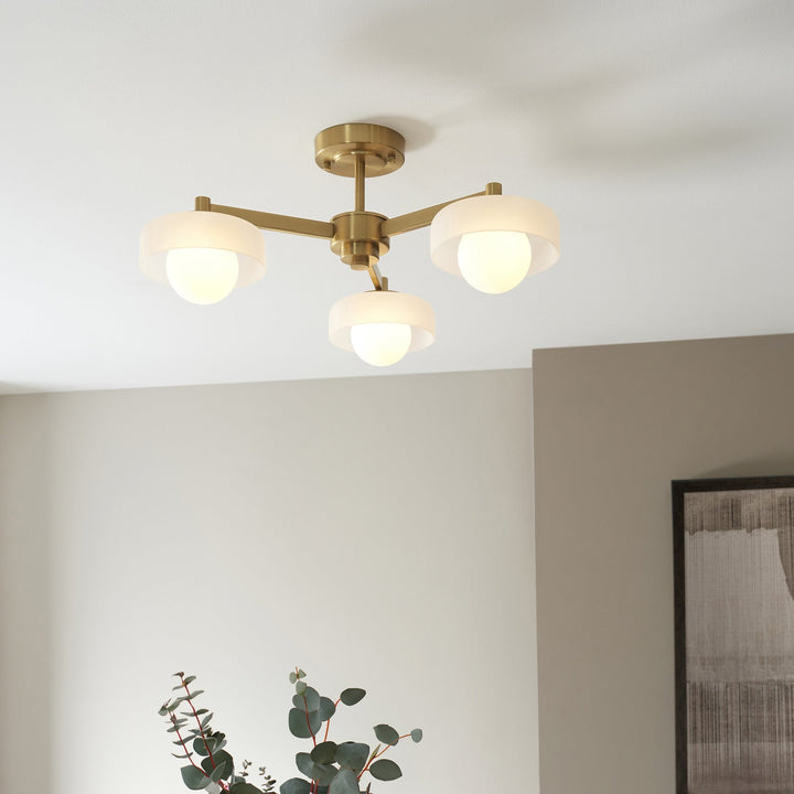 Endon 120631 Boss 3 Light Semi Flush Ceiling Light Brushed Aged Brass Plate With Frosted & Opal Glass
