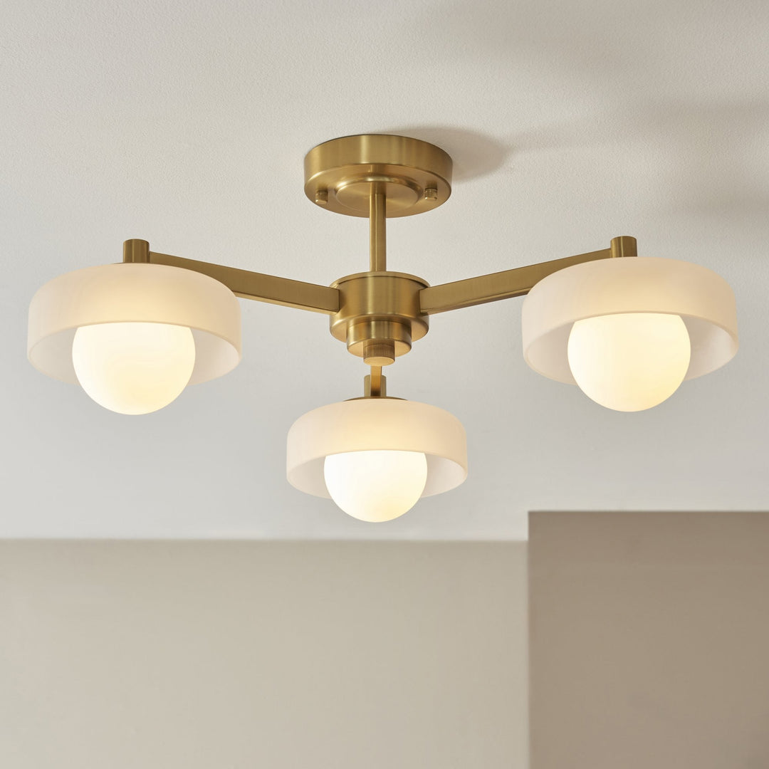 Endon 120631 Boss 3 Light Semi Flush Ceiling Light Brushed Aged Brass Plate With Frosted & Opal Glass
