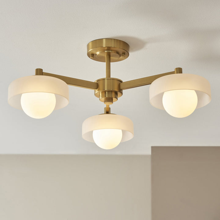 Endon 120631 Boss 3 Light Semi Flush Ceiling Light Brushed Aged Brass Plate With Frosted & Opal Glass