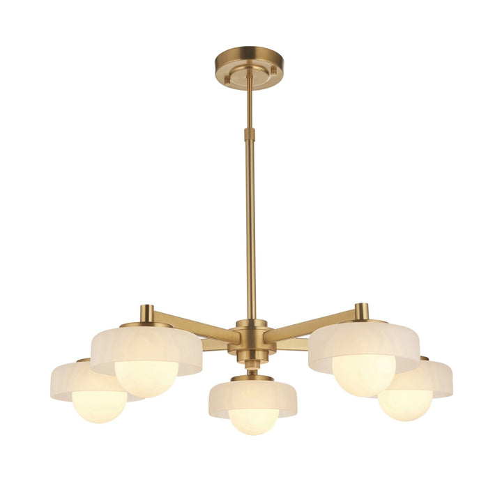 Endon 120632 Boss 5 Light Pendant Brushed Aged Brass Plate With Frosted & Opal Glass