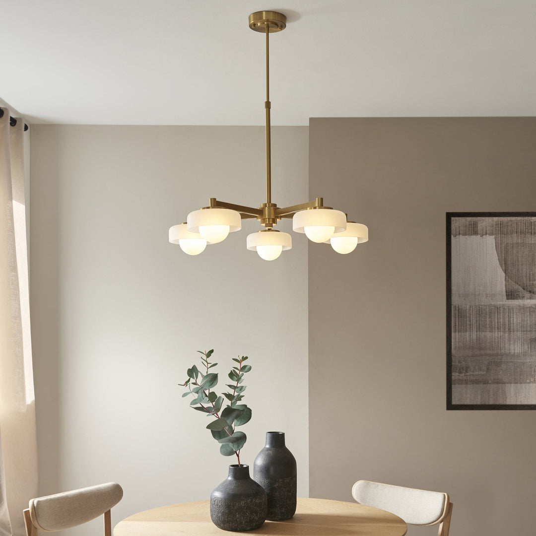 Endon 120632 Boss 5 Light Pendant Brushed Aged Brass Plate With Frosted & Opal Glass