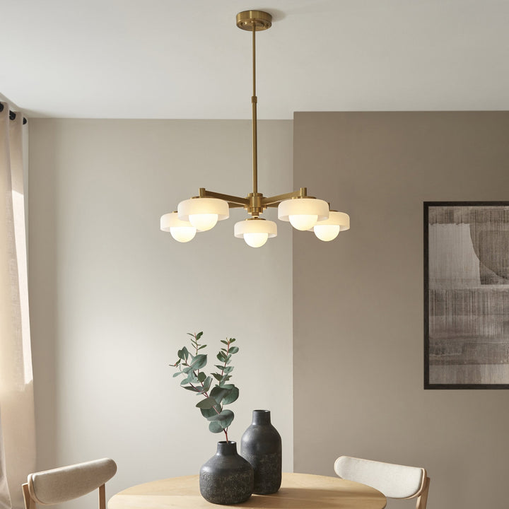 Endon 120632 Boss 5 Light Pendant Brushed Aged Brass Plate With Frosted & Opal Glass