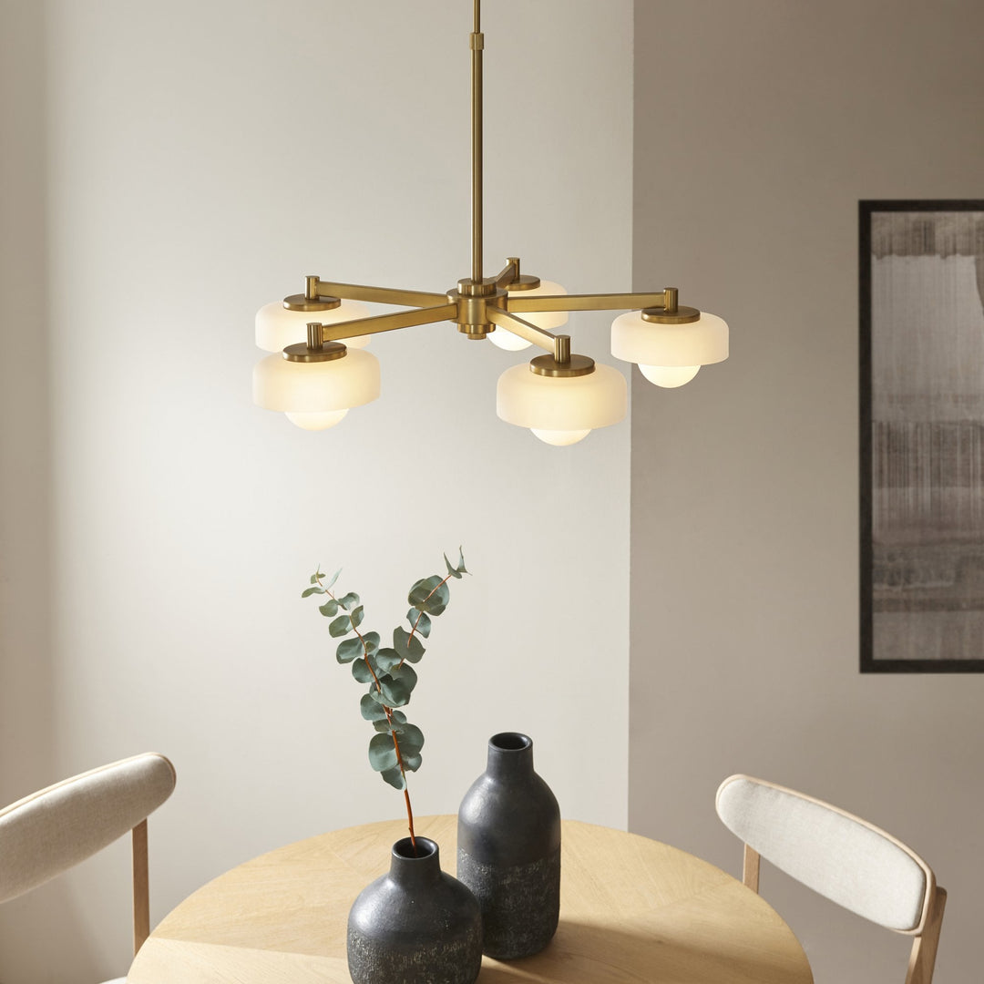 Endon 120632 Boss 5 Light Pendant Brushed Aged Brass Plate With Frosted & Opal Glass
