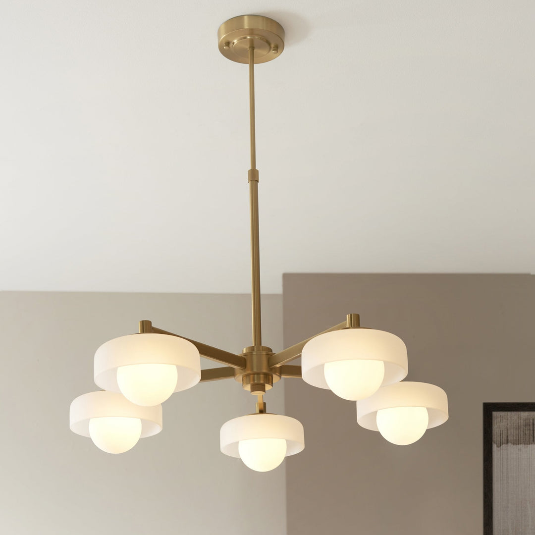 Endon 120632 Boss 5 Light Pendant Brushed Aged Brass Plate With Frosted & Opal Glass