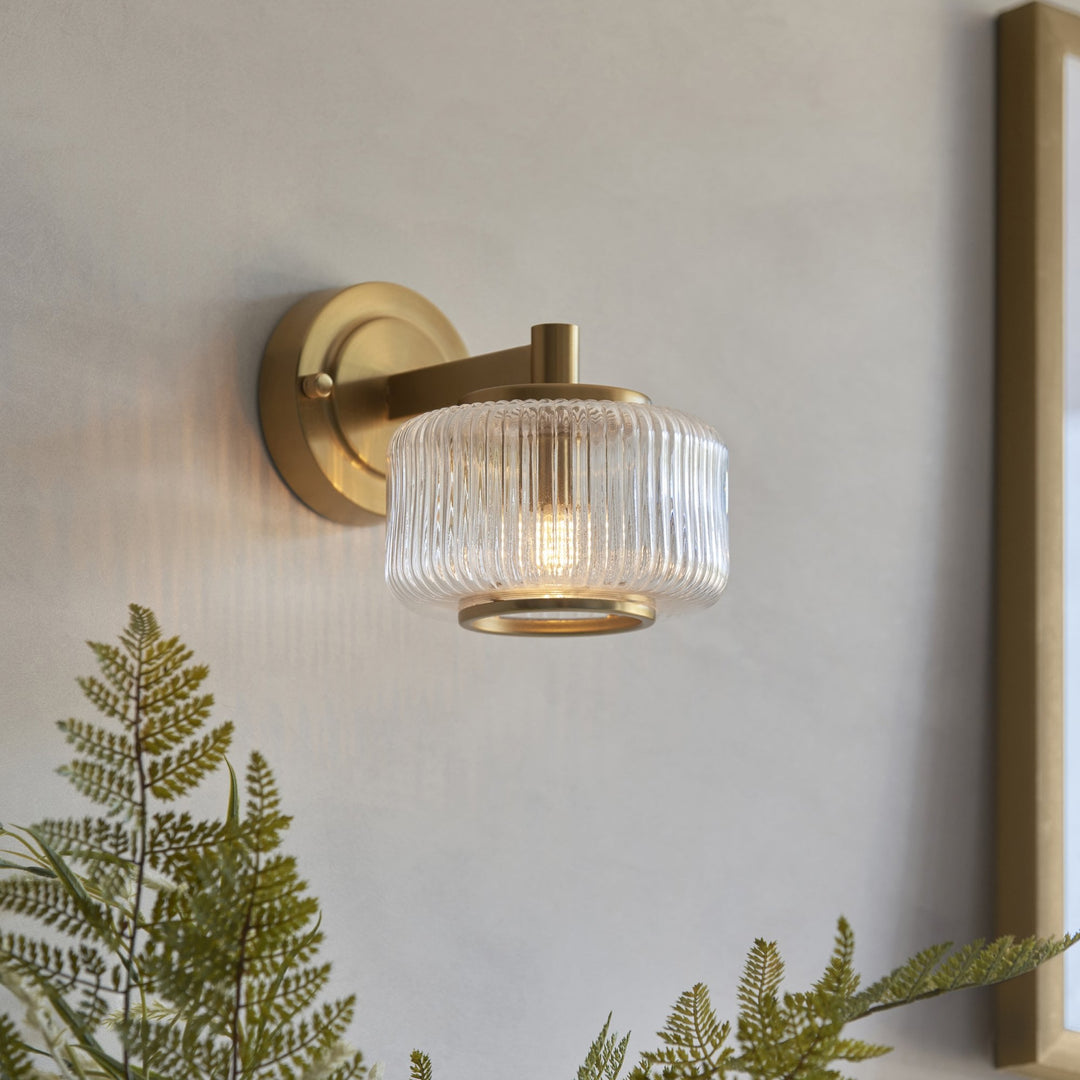 Endon 120633 Stamford Wall Light Brushed Aged Brass Plate & Clear Ribbed Glass