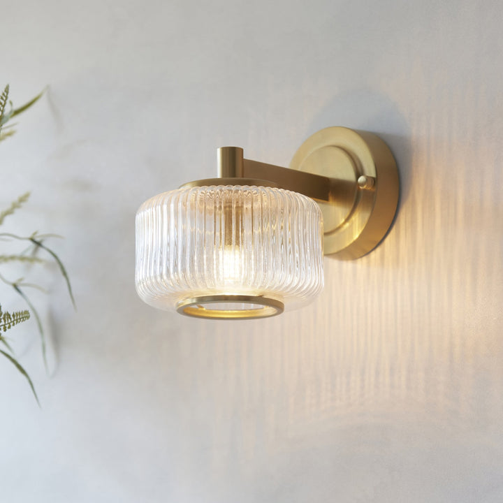 Endon 120633 Stamford Wall Light Brushed Aged Brass Plate & Clear Ribbed Glass