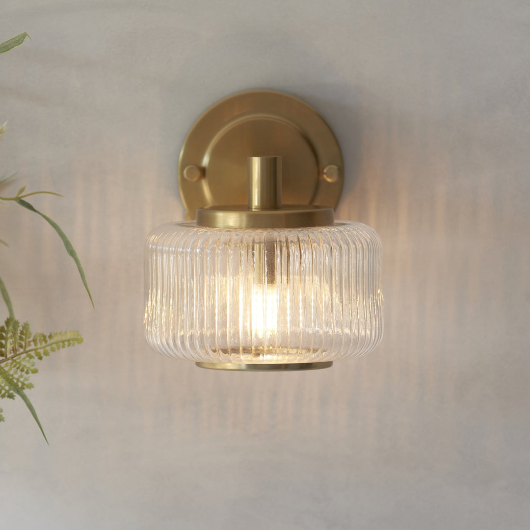 Endon 120633 Stamford Wall Light Brushed Aged Brass Plate & Clear Ribbed Glass