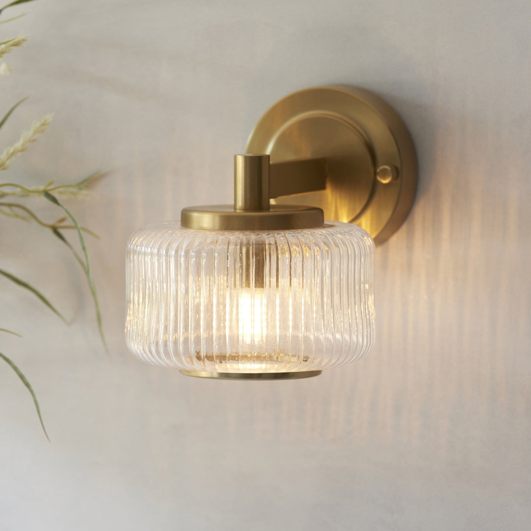 Endon 120633 Stamford Wall Light Brushed Aged Brass Plate & Clear Ribbed Glass