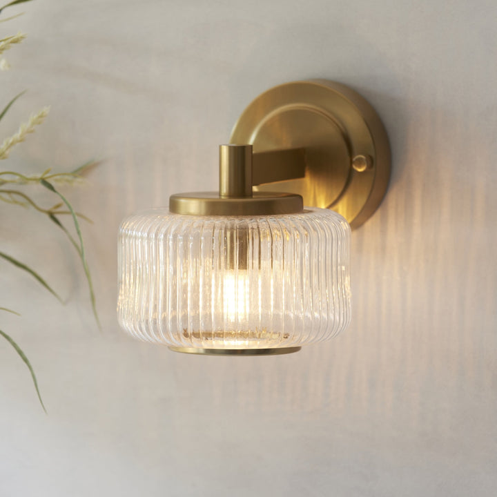 Endon 120633 Stamford Wall Light Brushed Aged Brass Plate & Clear Ribbed Glass