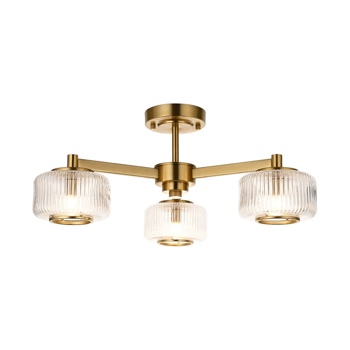Endon 120634 Stamford 3 Light Semi Flush Ceiling Light Brushed Aged Brass Plate & Clear Ribbed Glass
