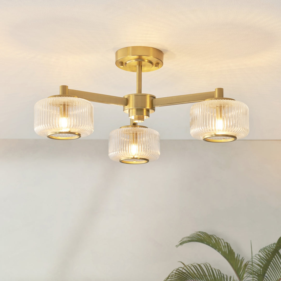 Endon 120634 Stamford 3 Light Semi Flush Ceiling Light Brushed Aged Brass Plate & Clear Ribbed Glass