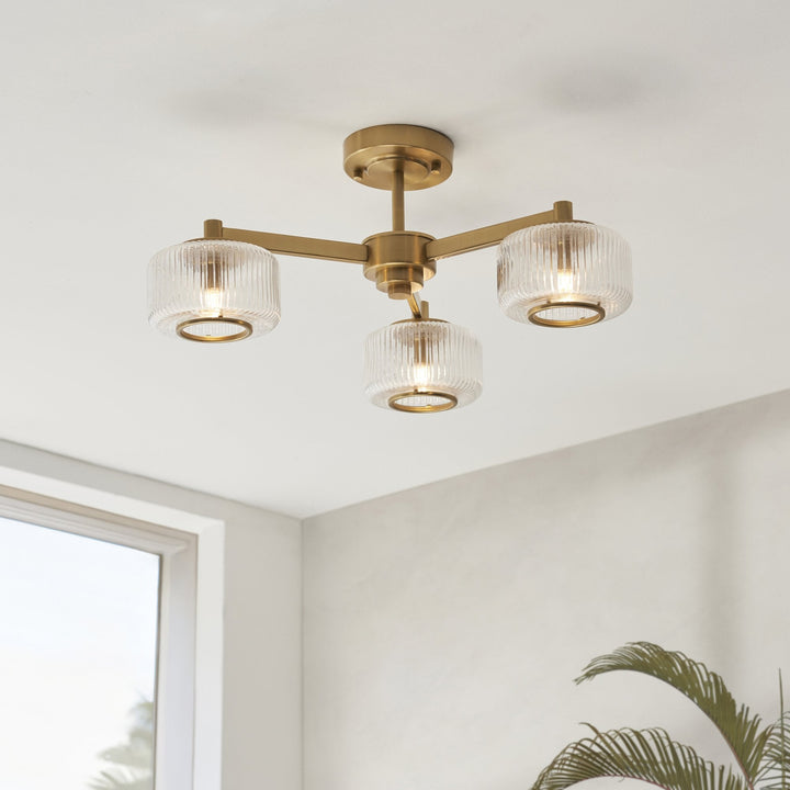 Endon 120634 Stamford 3 Light Semi Flush Ceiling Light Brushed Aged Brass Plate & Clear Ribbed Glass