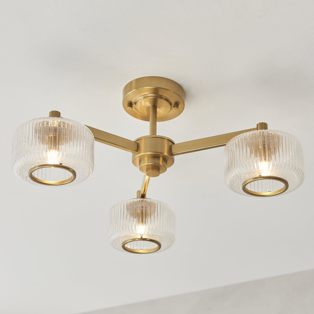 Endon 120634 Stamford 3 Light Semi Flush Ceiling Light Brushed Aged Brass Plate & Clear Ribbed Glass