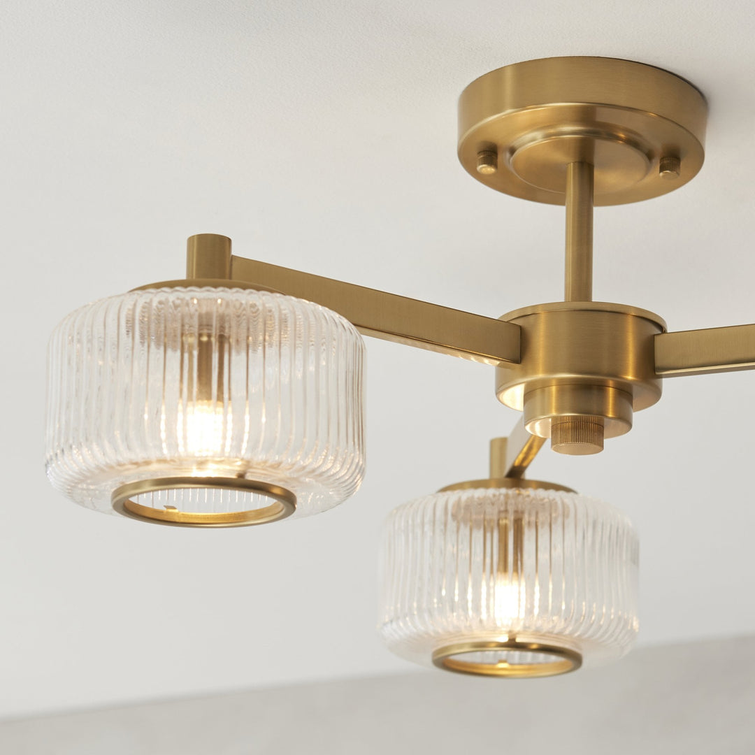 Endon 120634 Stamford 3 Light Semi Flush Ceiling Light Brushed Aged Brass Plate & Clear Ribbed Glass