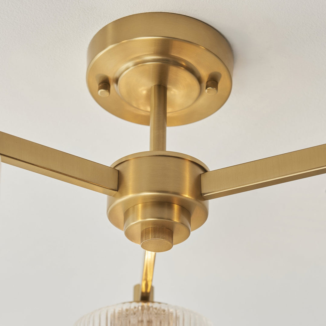 Endon 120634 Stamford 3 Light Semi Flush Ceiling Light Brushed Aged Brass Plate & Clear Ribbed Glass