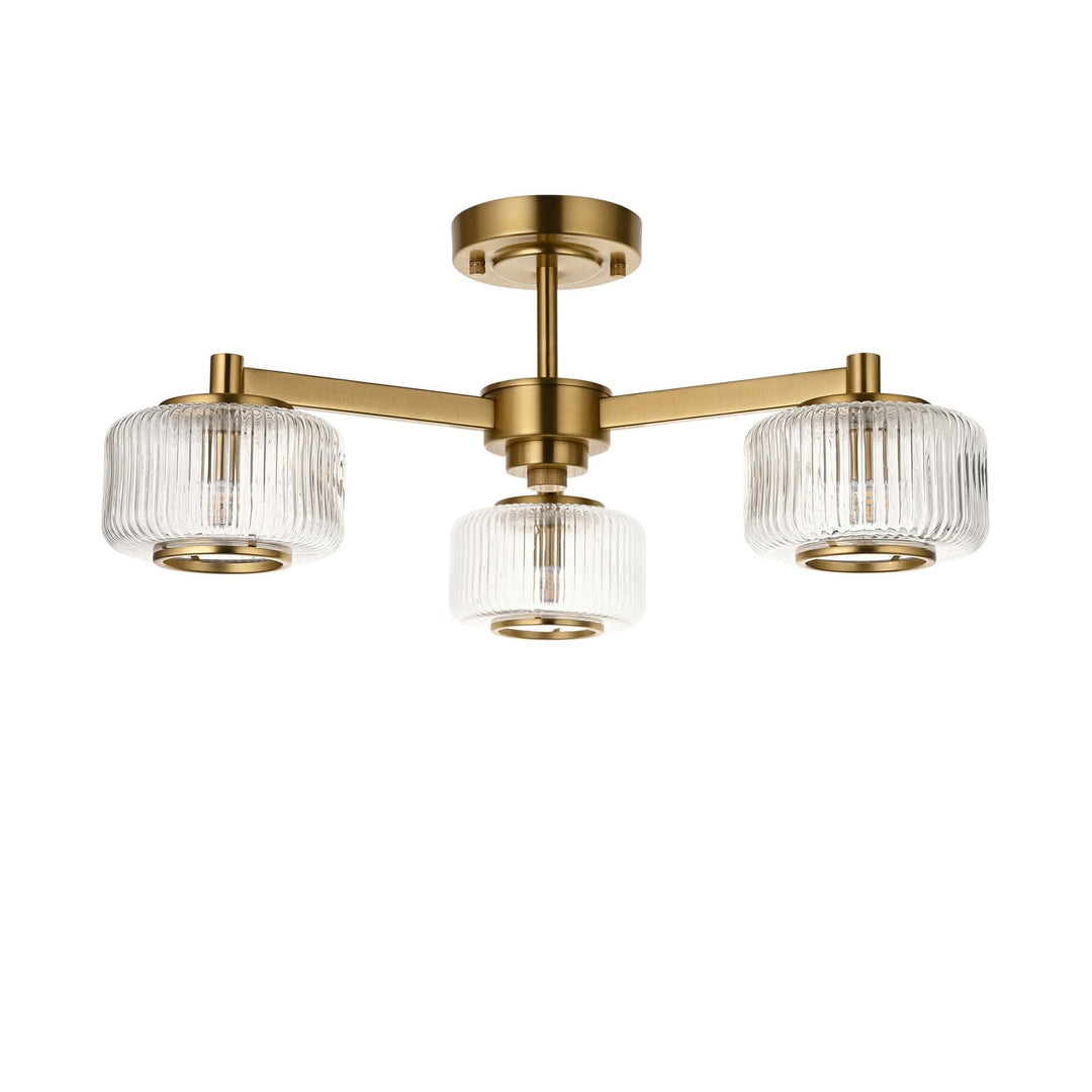 Endon 120634 Stamford 3 Light Semi Flush Ceiling Light Brushed Aged Brass Plate & Clear Ribbed Glass