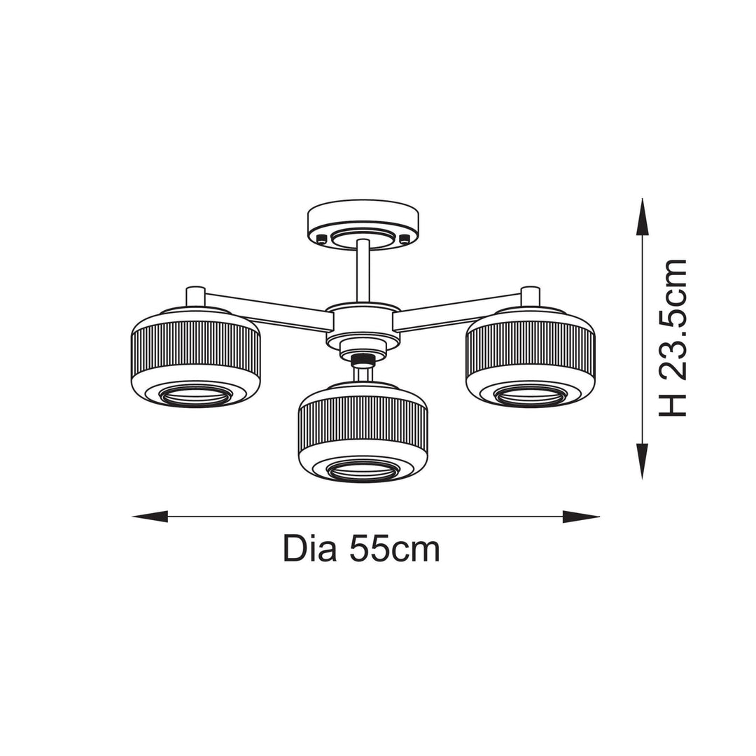 Endon 120634 Stamford 3 Light Semi Flush Ceiling Light Brushed Aged Brass Plate & Clear Ribbed Glass
