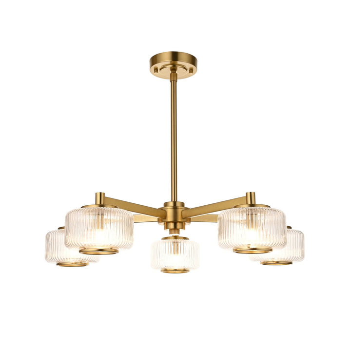 Endon 120635 Stamford 5 Light Pendant Brushed Aged Brass Plate & Clear Ribbed Glass