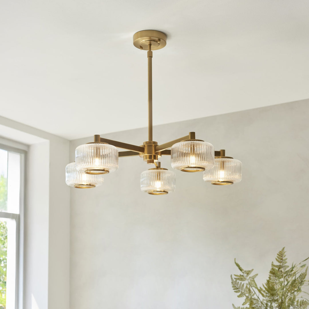 Endon 120635 Stamford 5 Light Pendant Brushed Aged Brass Plate & Clear Ribbed Glass