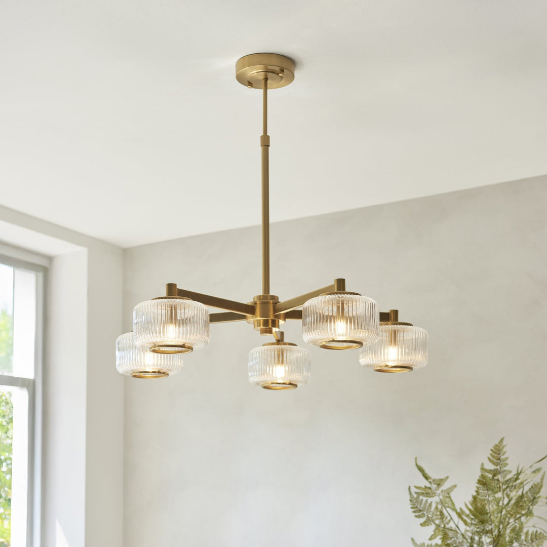 Endon 120635 Stamford 5 Light Pendant Brushed Aged Brass Plate & Clear Ribbed Glass